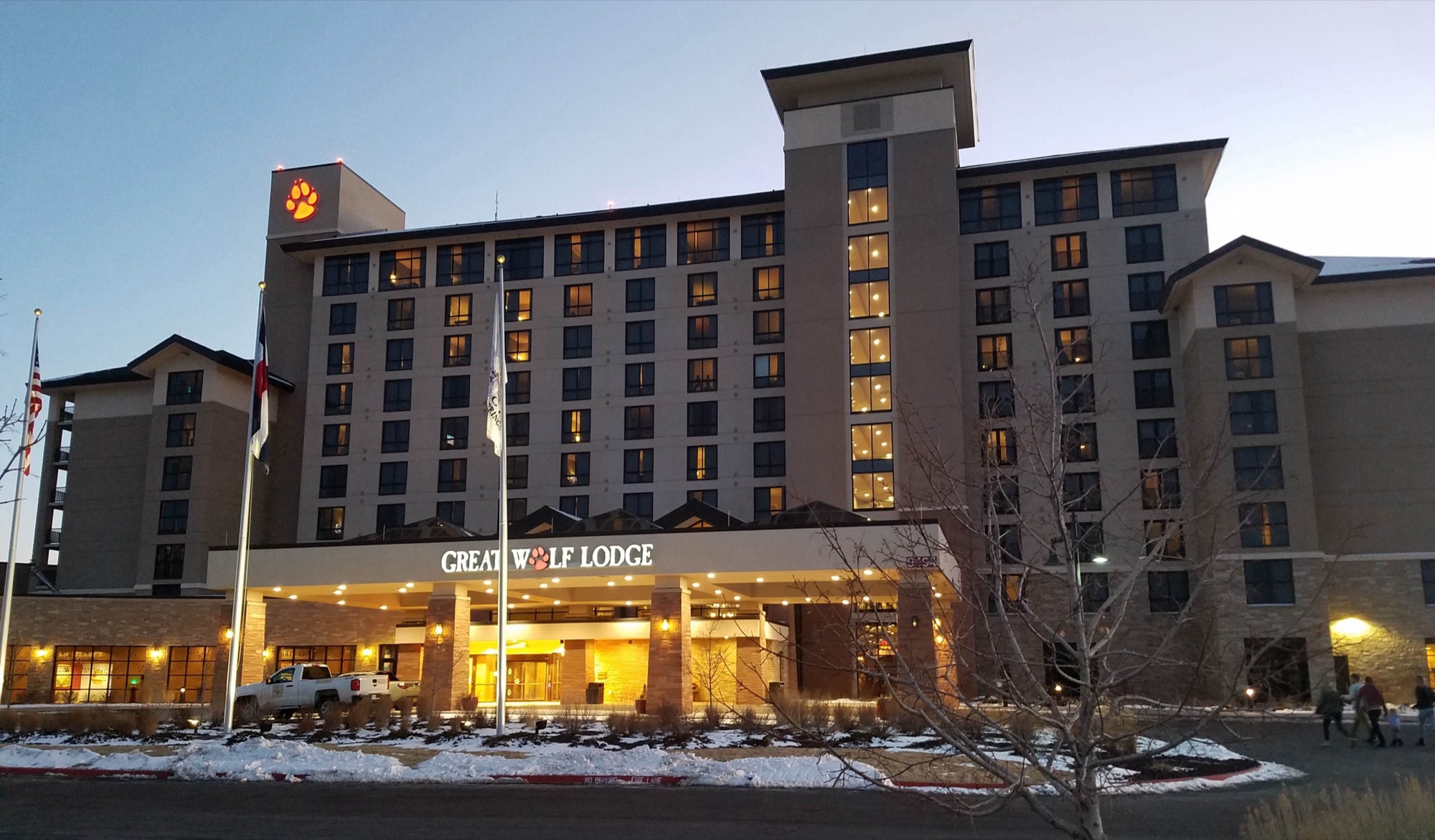The Great Wolf Lodge resort exterior lit at dusk in Colorado Springs