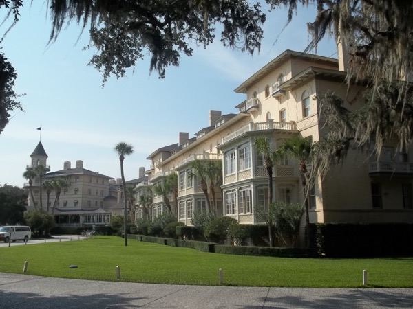 The grand 1886 Jekyll Island Club clubhouse under live oaks and Spanish moss