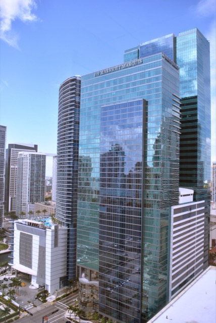 The JW Marriott Marquis Miami glass tower against the downtown Miami skyline