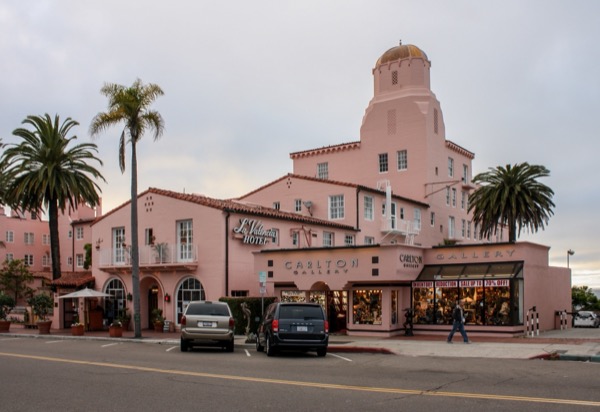 The pink Spanish-Colonial facade and gold-tiled dome of La Valencia, the 'Pink Lady' of La Jolla
