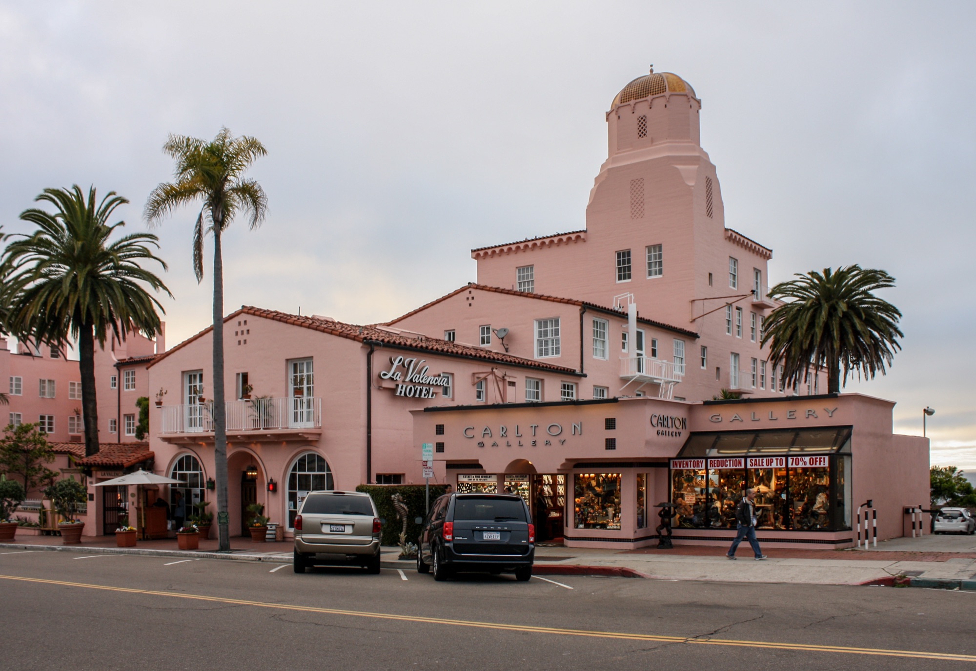 The pink Spanish-Colonial facade and gold-tiled dome of La Valencia, the 'Pink Lady' of La Jolla