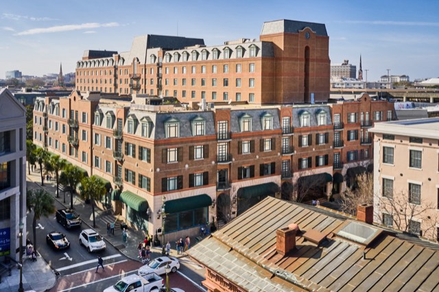 Charleston Place and its green awnings along King Street in historic Charleston