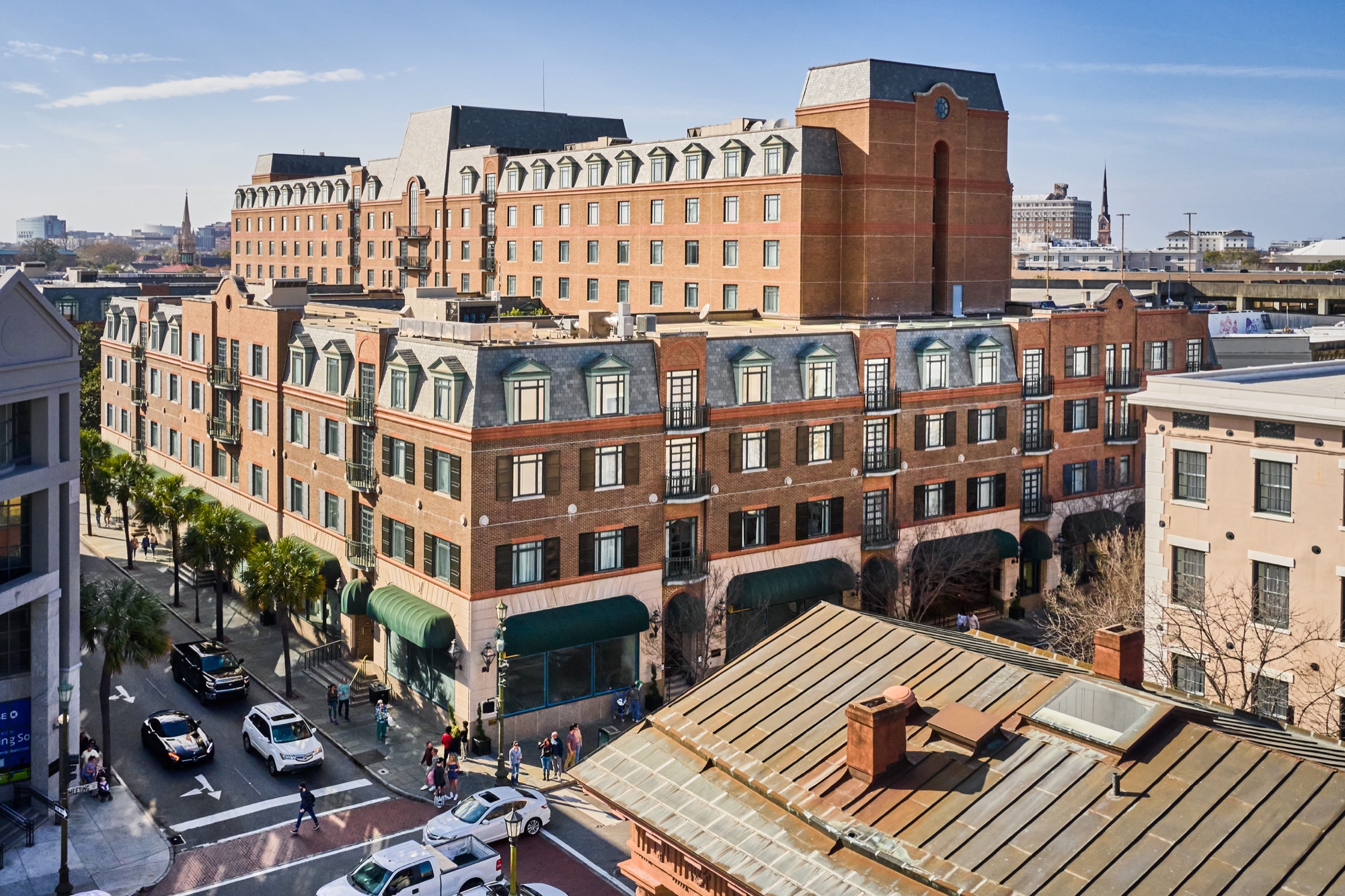 Charleston Place and its green awnings along King Street in historic Charleston