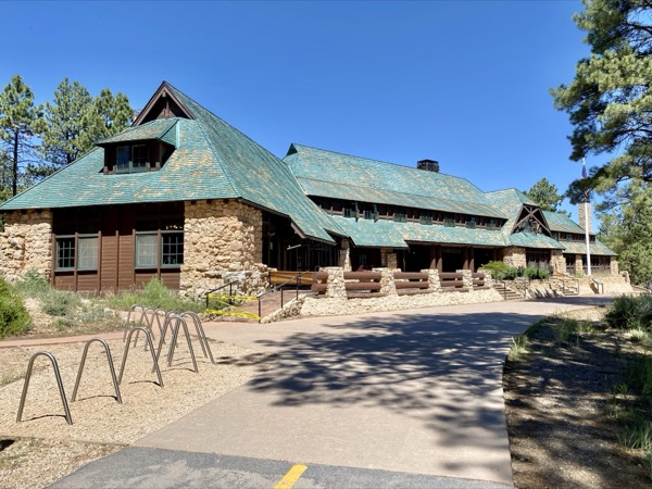 The historic Lodge at Bryce Canyon with its distinctive green wavy-shingle roof