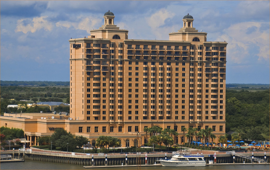 The Westin Savannah Harbor Golf Resort & Spa — its twin-cupola tower on the Savannah River across from downtown, seen from the water