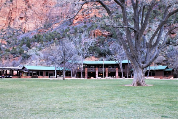 The historic Zion Lodge across its lawn beneath the red canyon cliffs