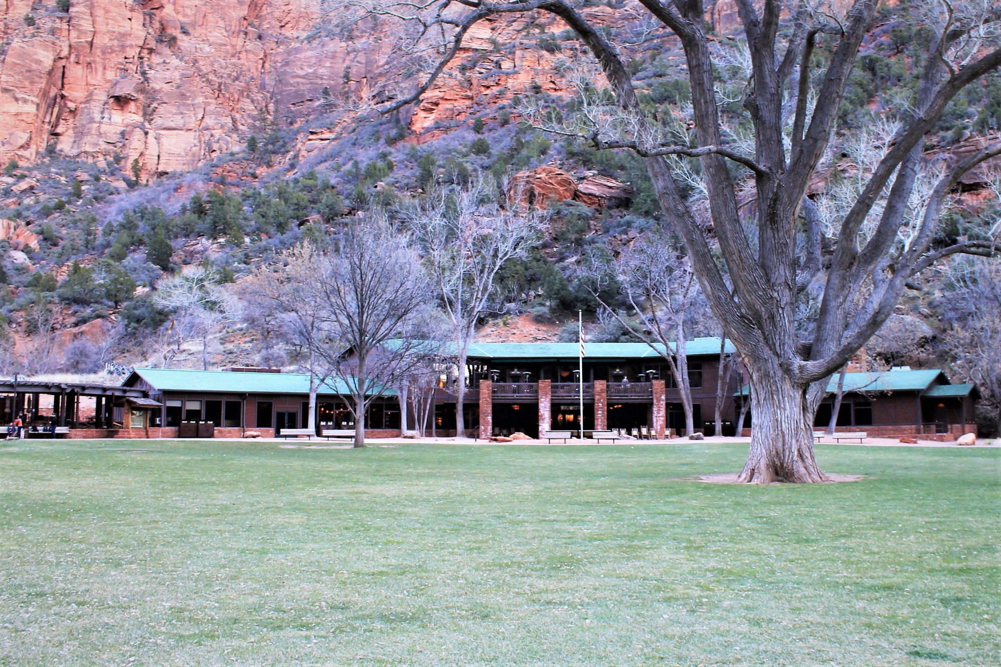 The historic Zion Lodge across its lawn beneath the red canyon cliffs
