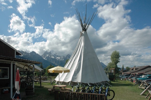 The landmark tipi at Dornan's in Moose with the Teton Range behind