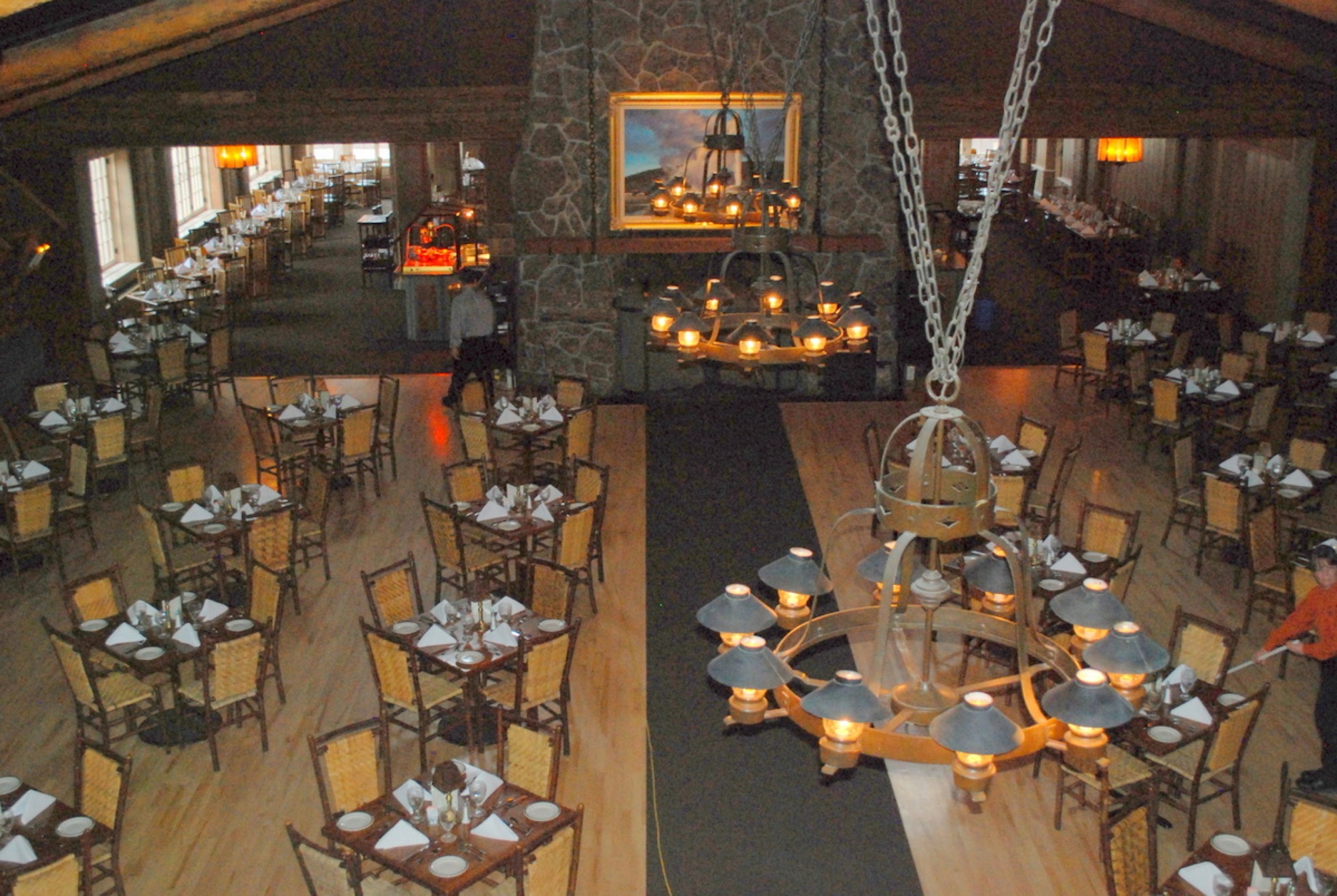 The timber-framed dining room of the Old Faithful Inn