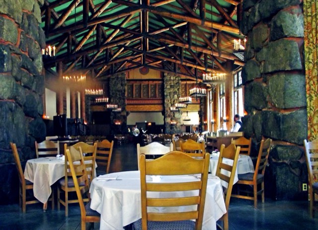 The soaring timber-truss ceiling and candle chandeliers of the Ahwahnee Dining Room